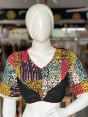 Ajrakh multi colored patchwork black cotton blouse