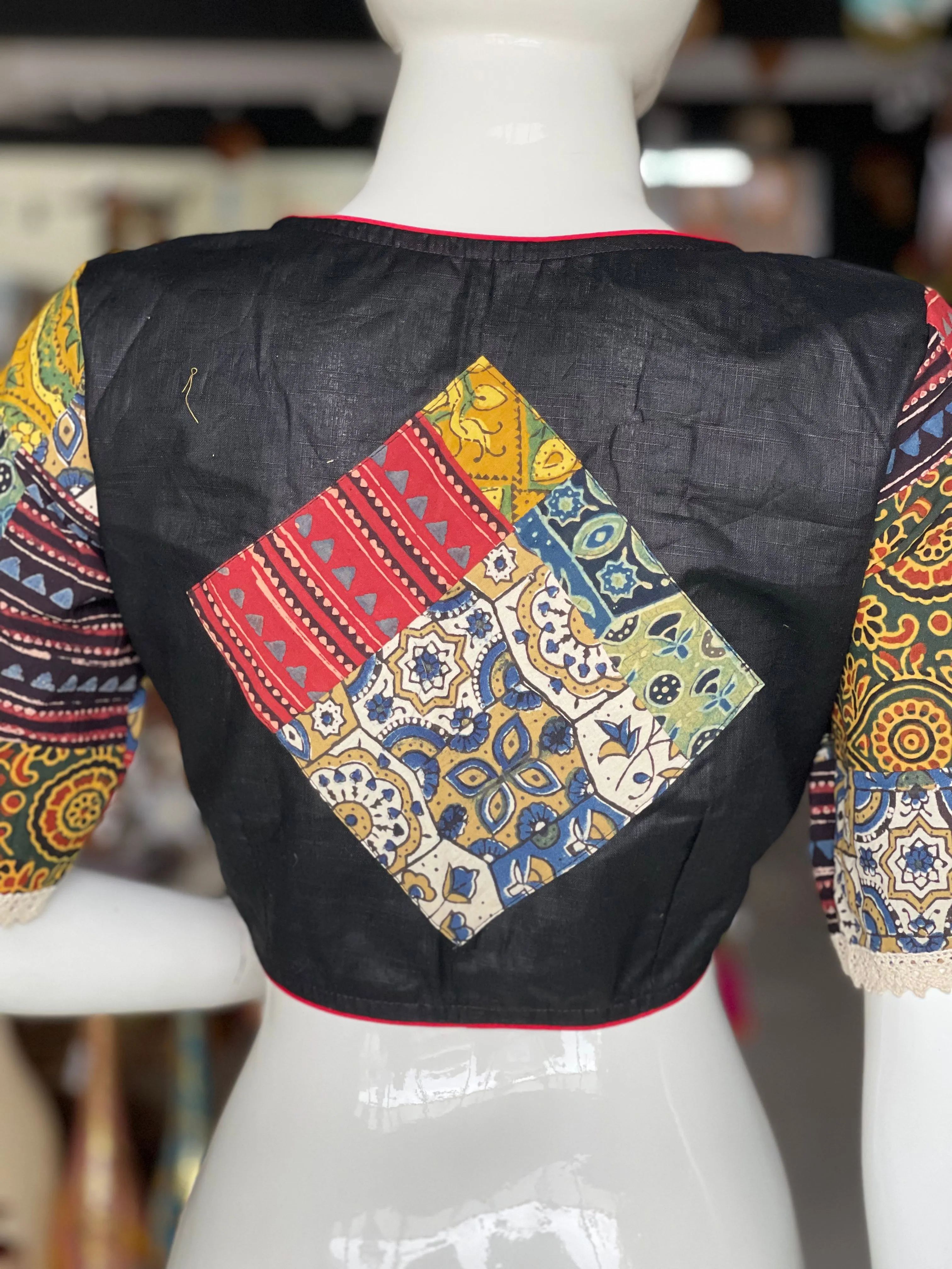 Ajrakh multi colored patchwork black cotton blouse