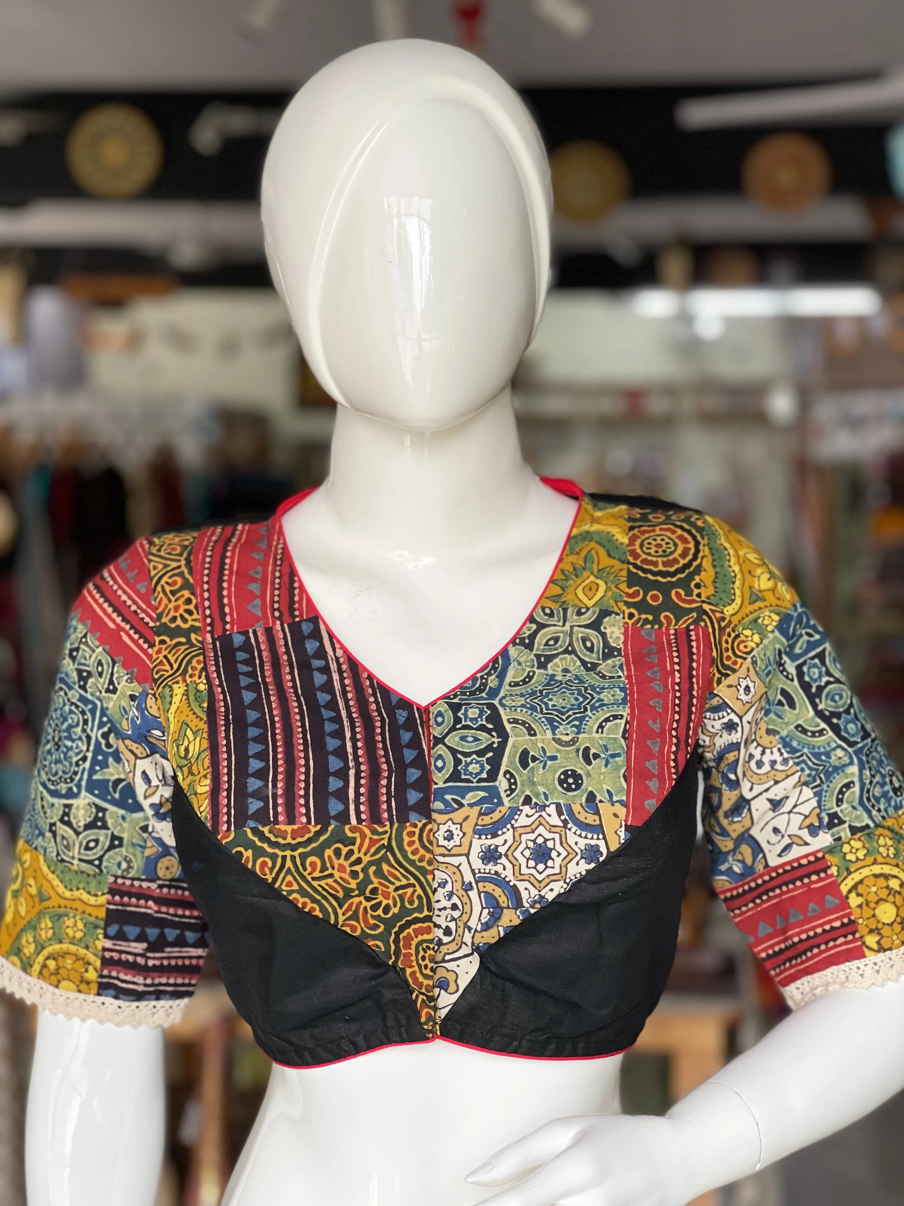 Ajrakh multi colored patchwork black cotton blouse