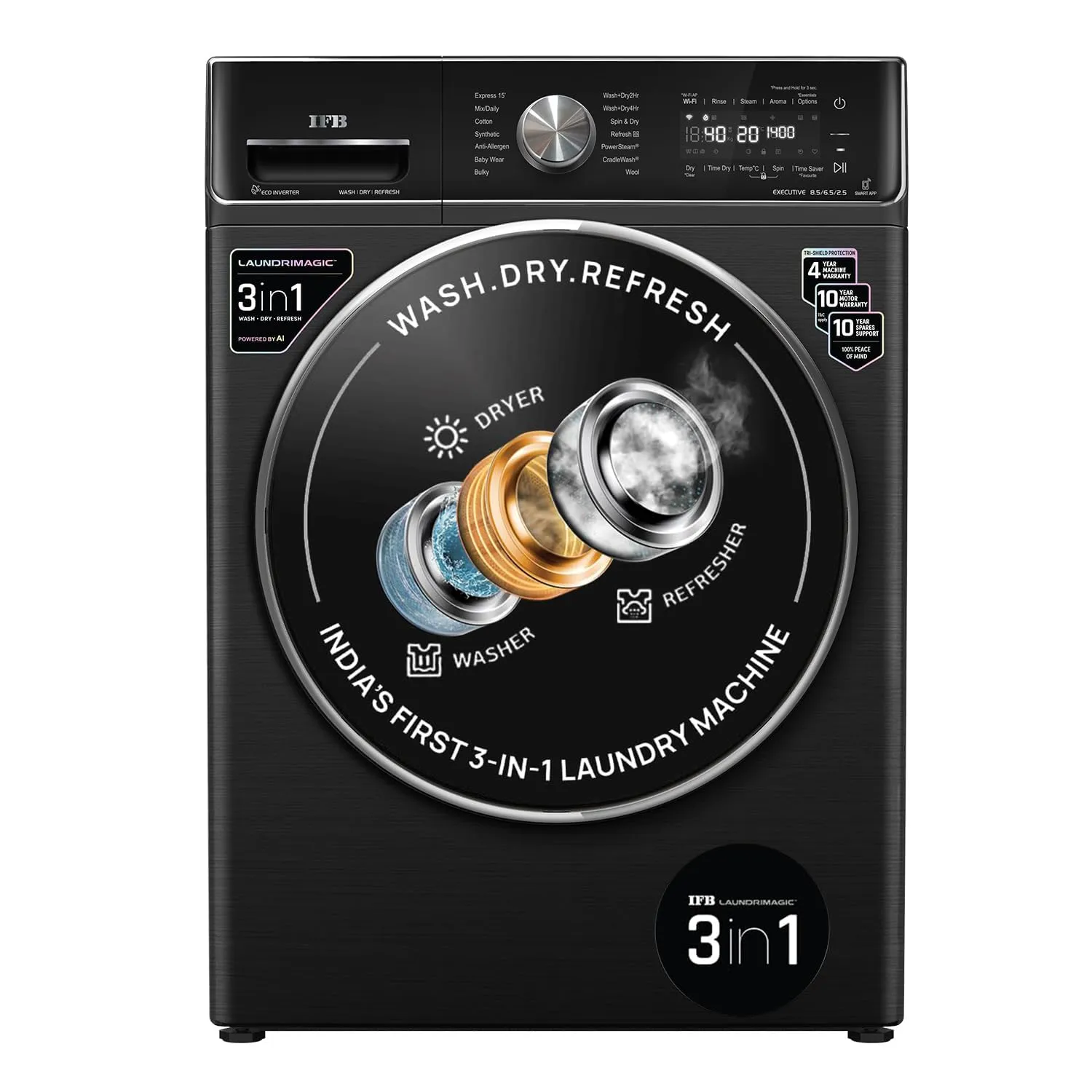 IFB Executive ZXB Laundrimagic 3-in-1 8.5 Kg/6.5 Kg/2.5 Kg Inverter Washer Dryer Refresh ( Black)