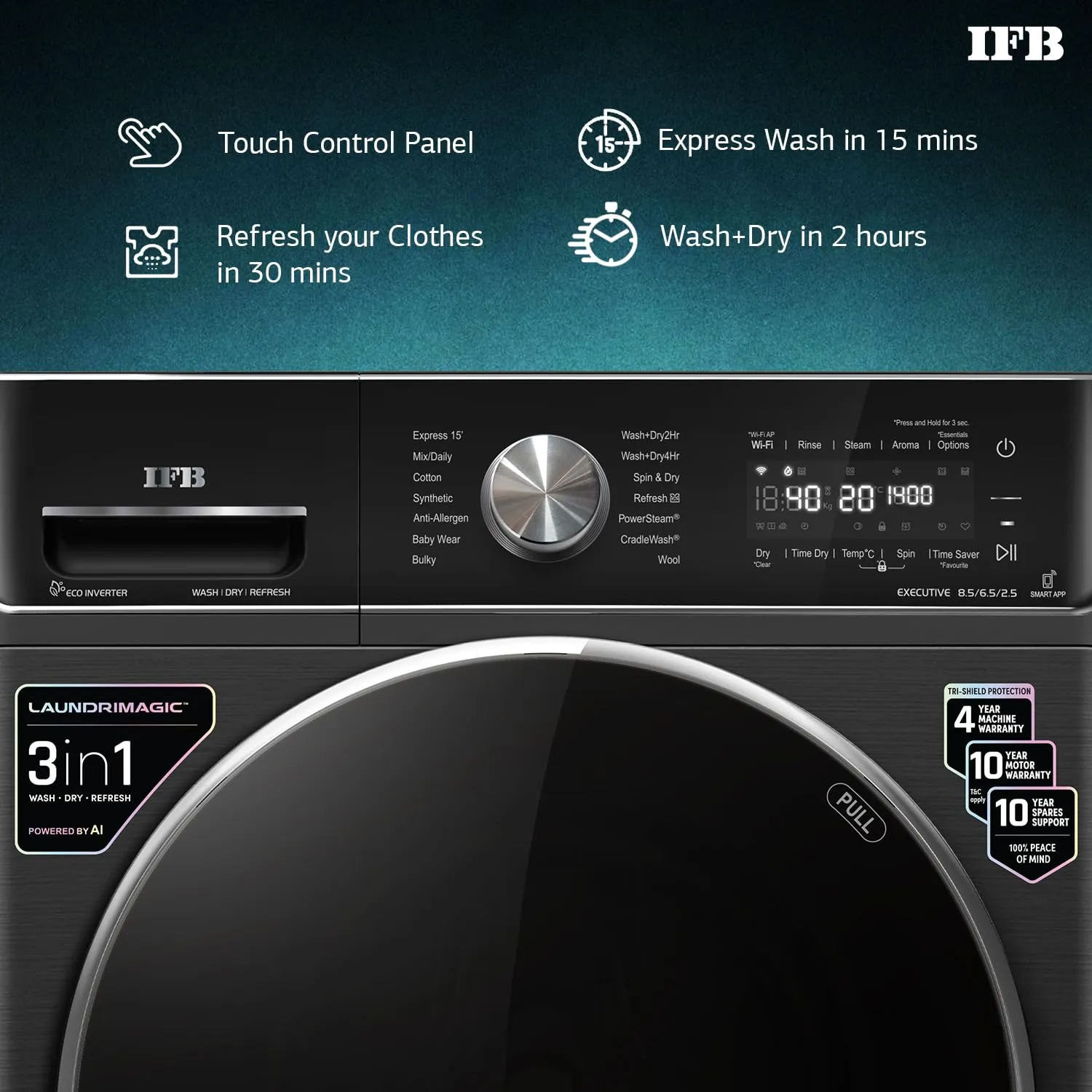IFB Executive ZXB Laundrimagic 3-in-1 8.5 Kg/6.5 Kg/2.5 Kg Inverter Washer Dryer Refresh ( Black)