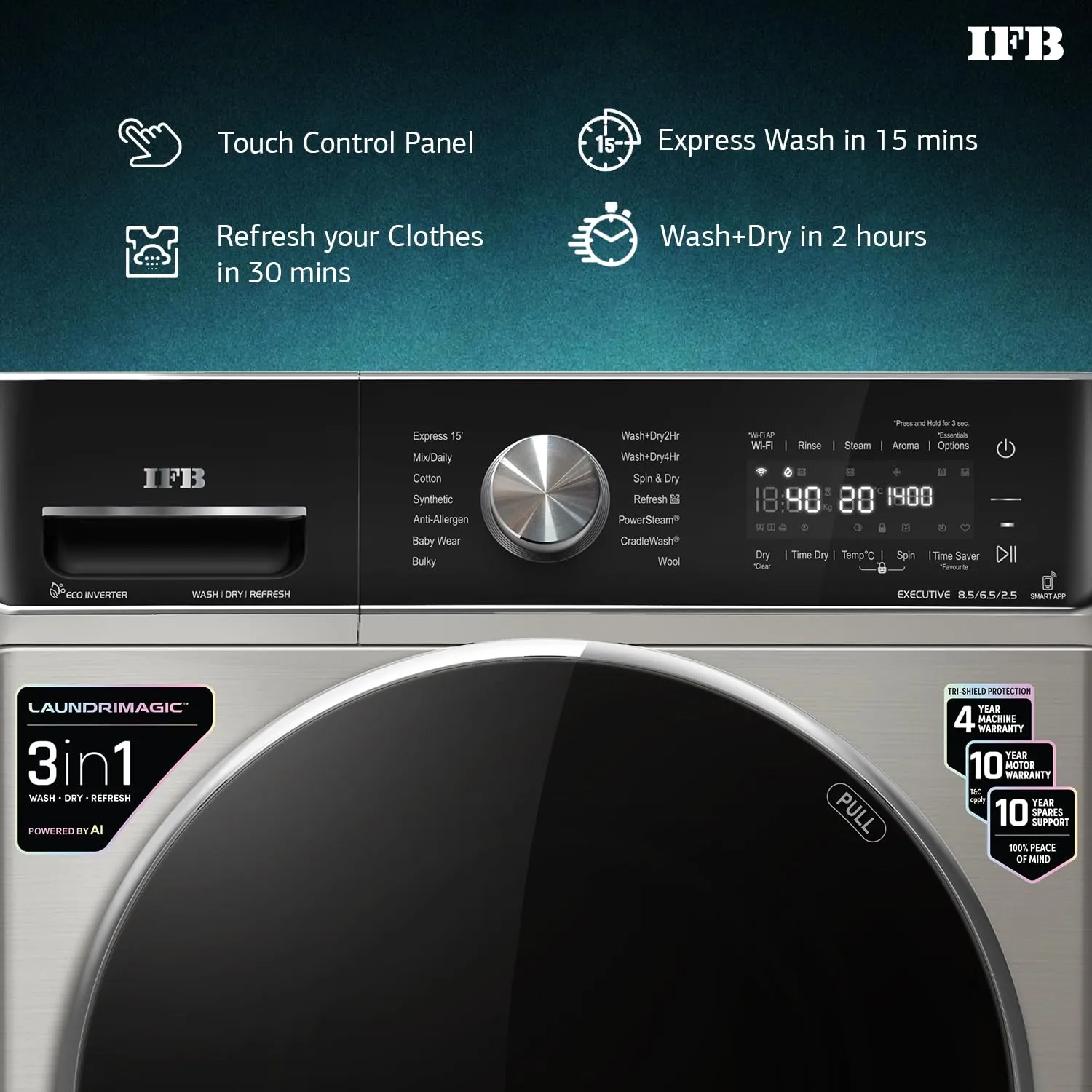 IFB EXECUTIVE ZXV Capacity 8.5 Kg/6.5 Kg/2.5 Kg Inverter Washer Dryer( Silver)