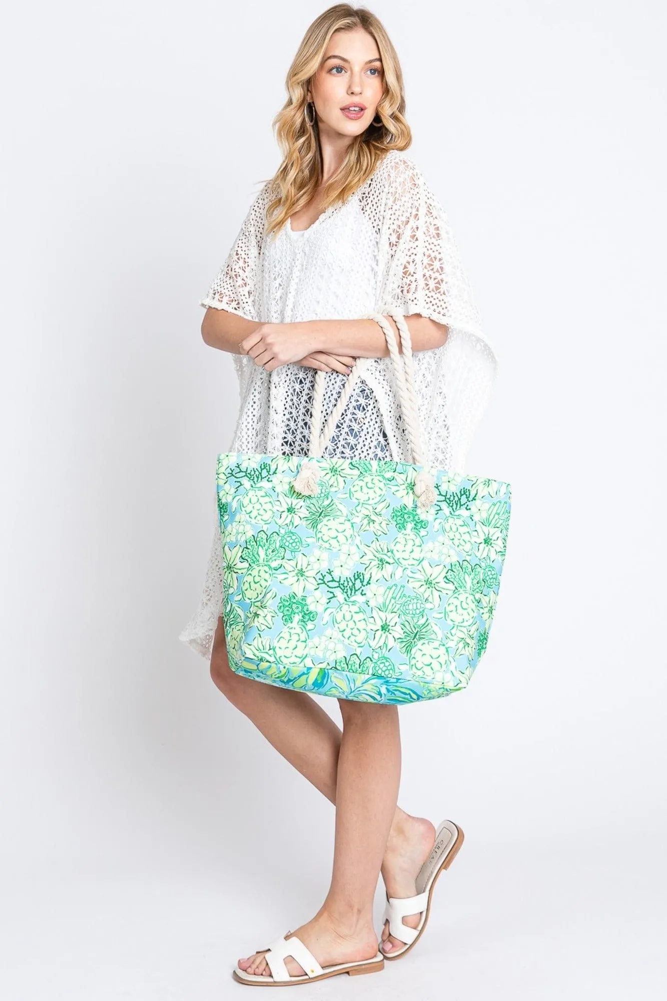 MB0223 Hand Drawn Turtle Print Beach Tote Bag