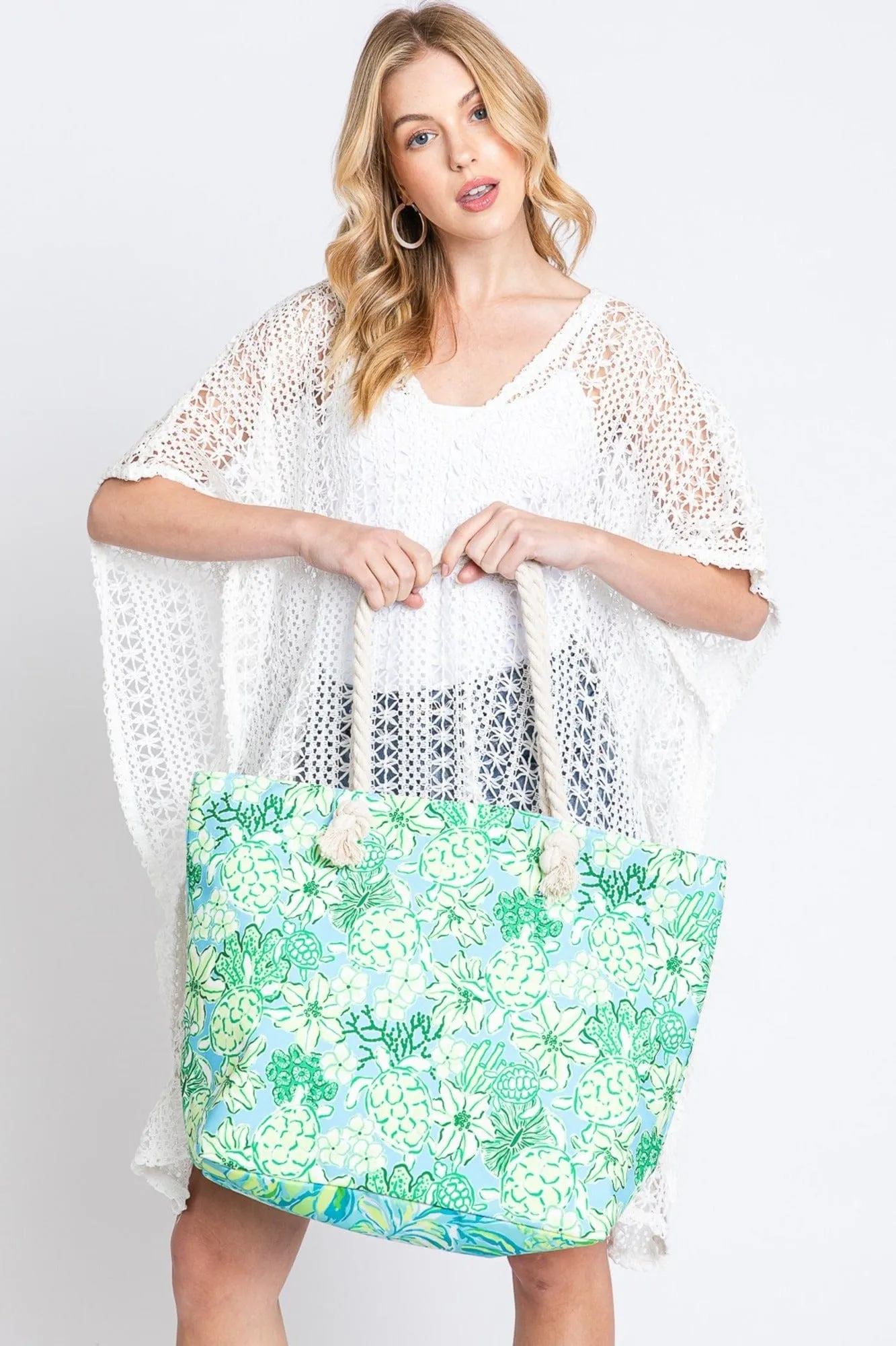MB0223 Hand Drawn Turtle Print Beach Tote Bag