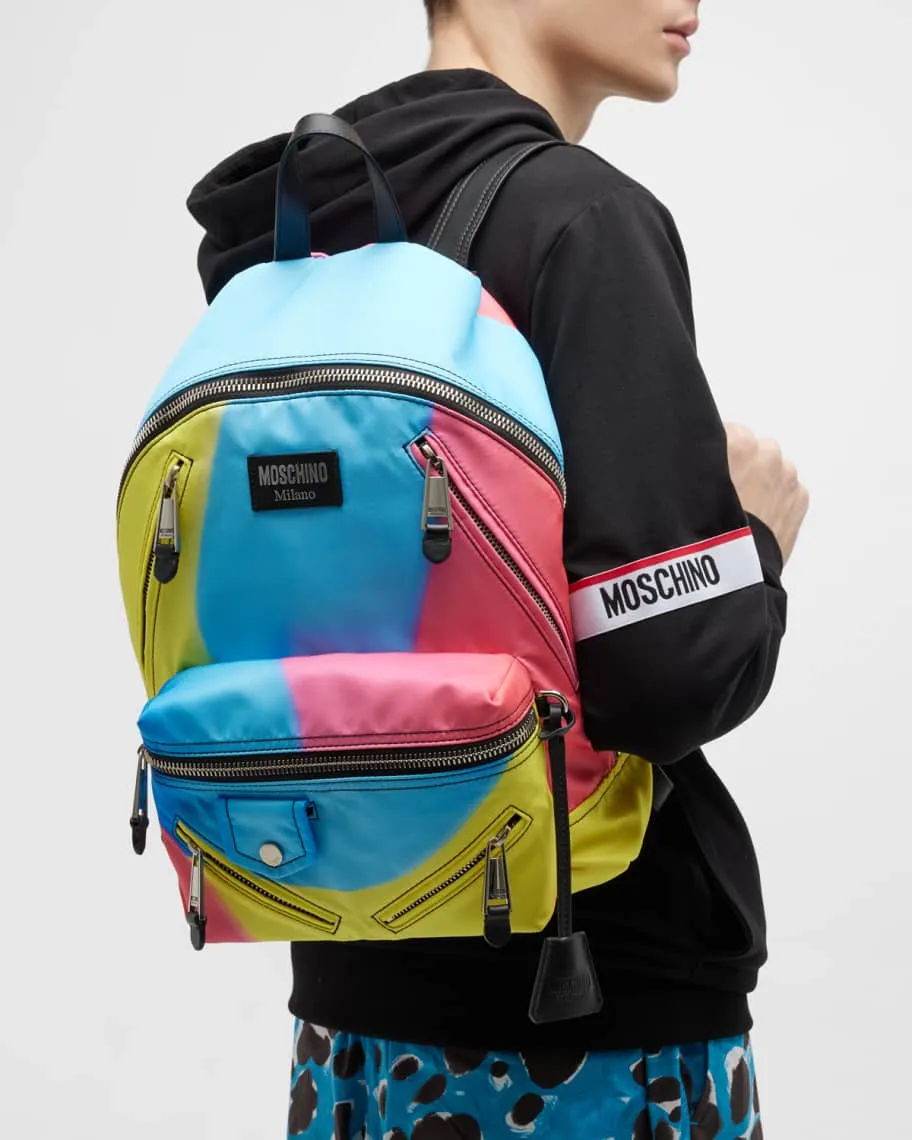 Men's Multi-Zip Nylon Backpack with Projection Moschino Print
