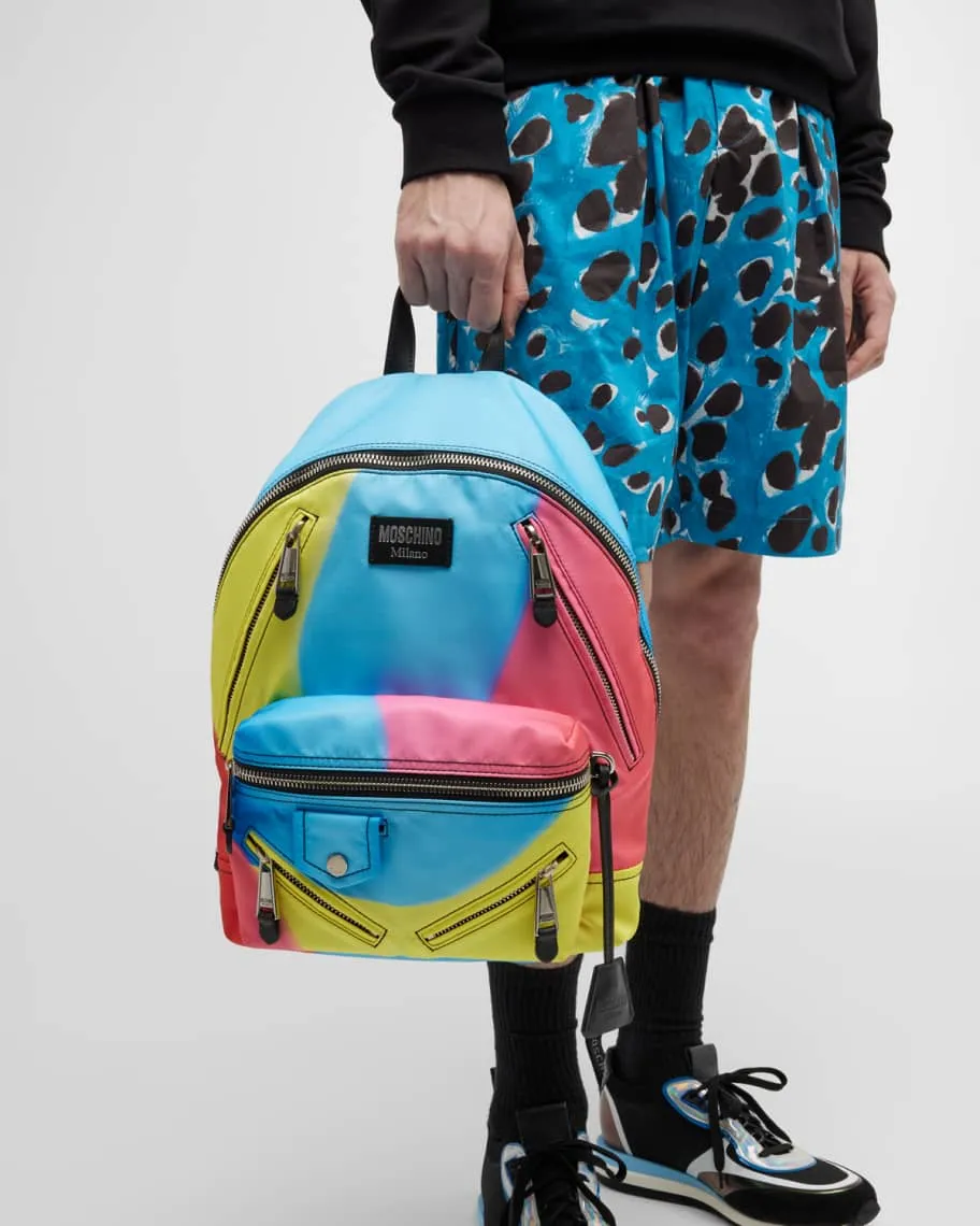 Men's Multi-Zip Nylon Backpack with Projection Moschino Print
