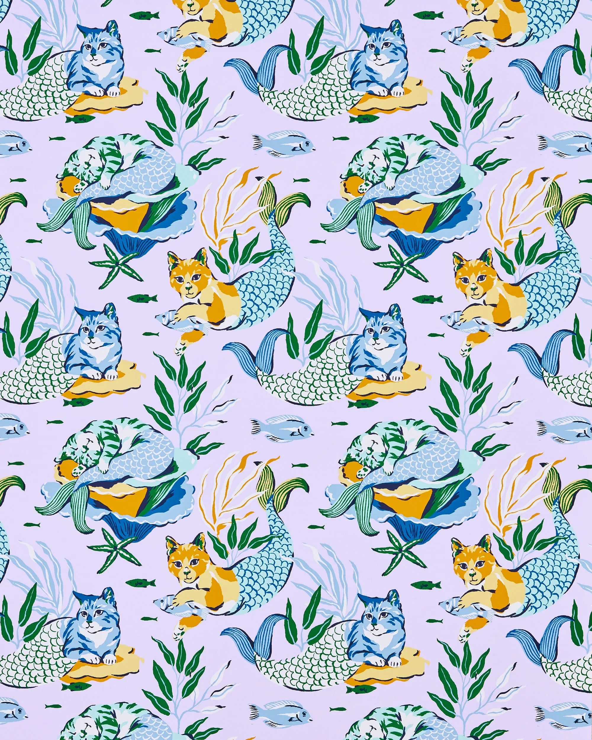 Meowing Mermaids - Peel & Stick Wallpaper - Lavender