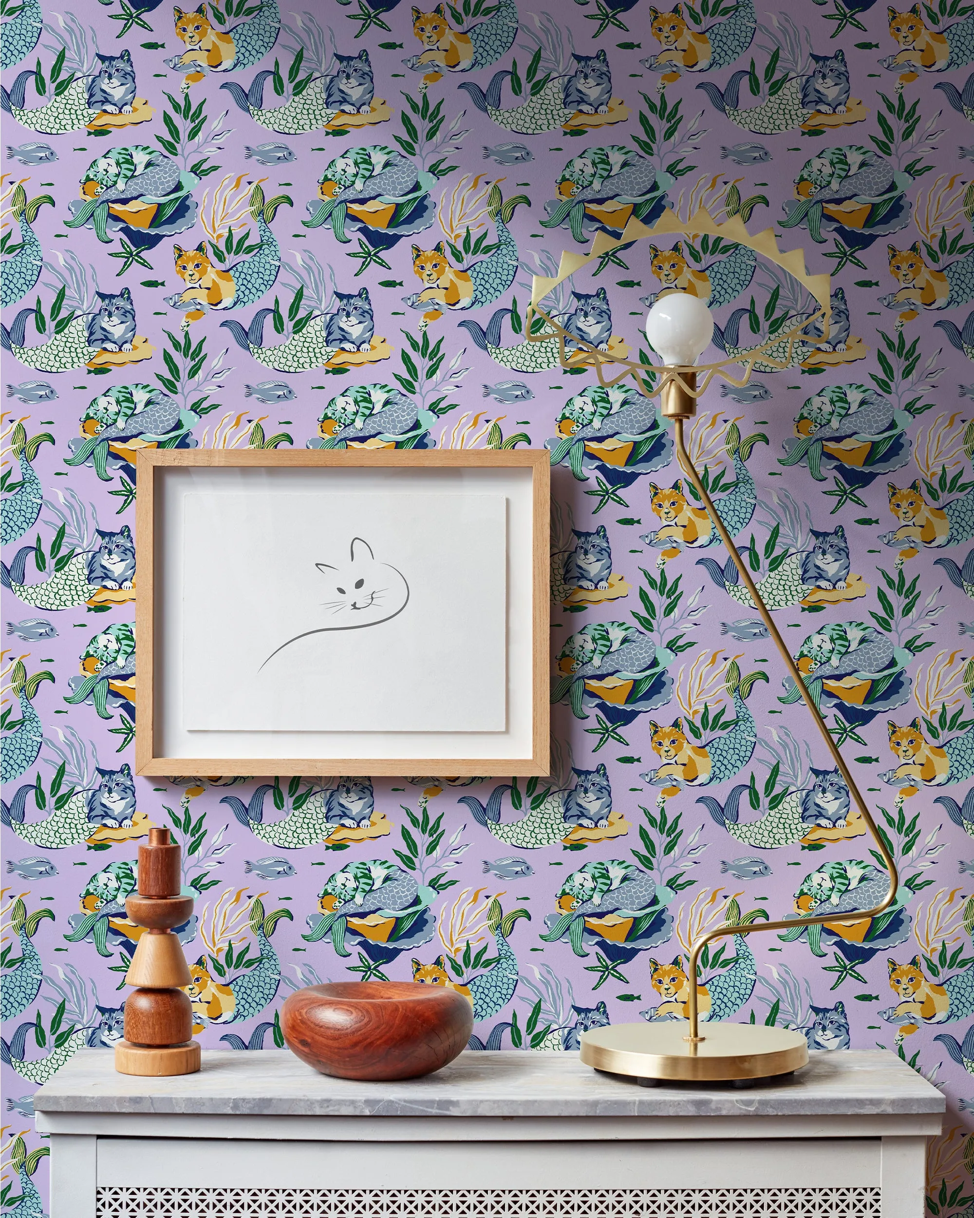 Meowing Mermaids - Peel & Stick Wallpaper - Lavender