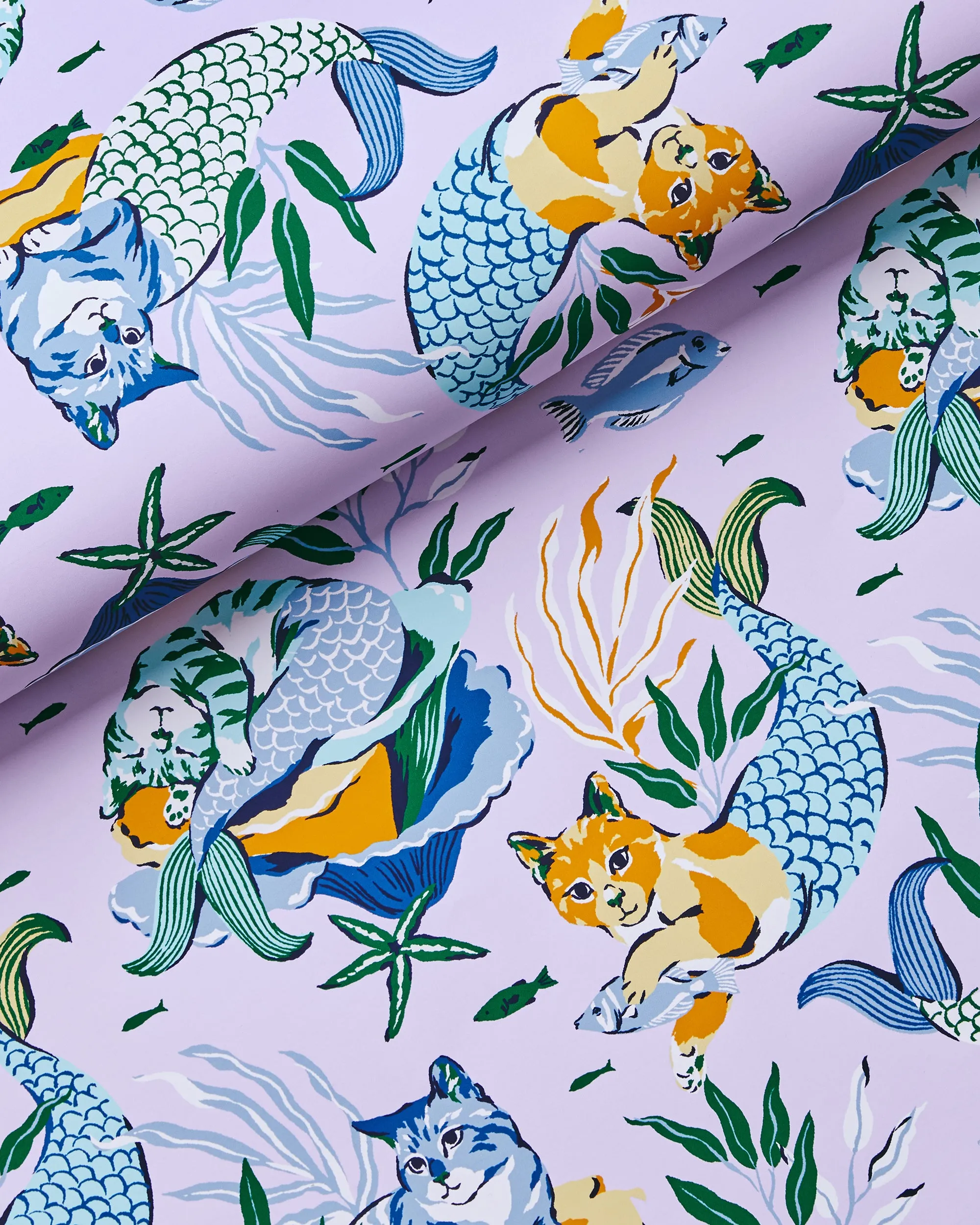 Meowing Mermaids - Peel & Stick Wallpaper - Lavender