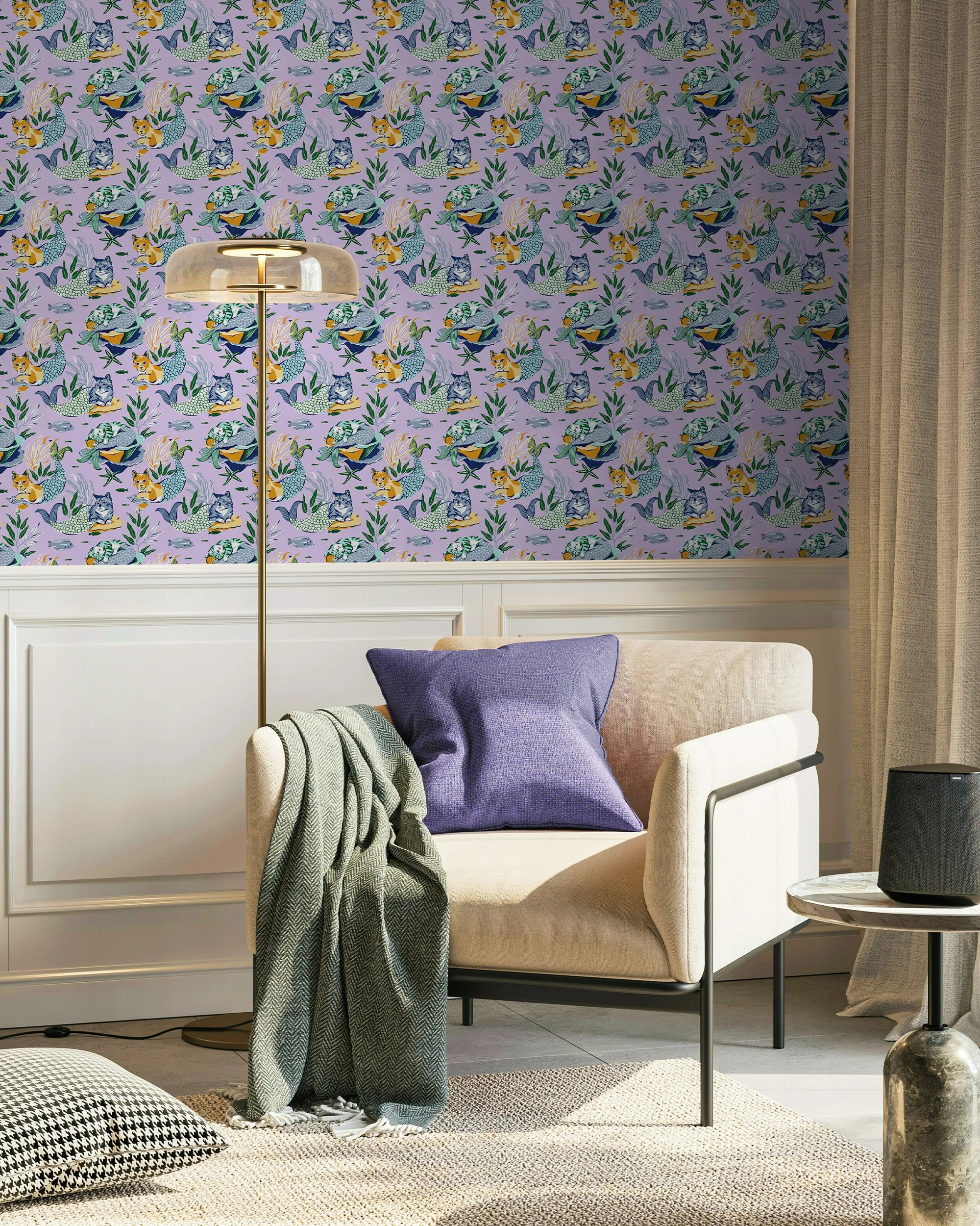 Meowing Mermaids - Peel & Stick Wallpaper - Lavender