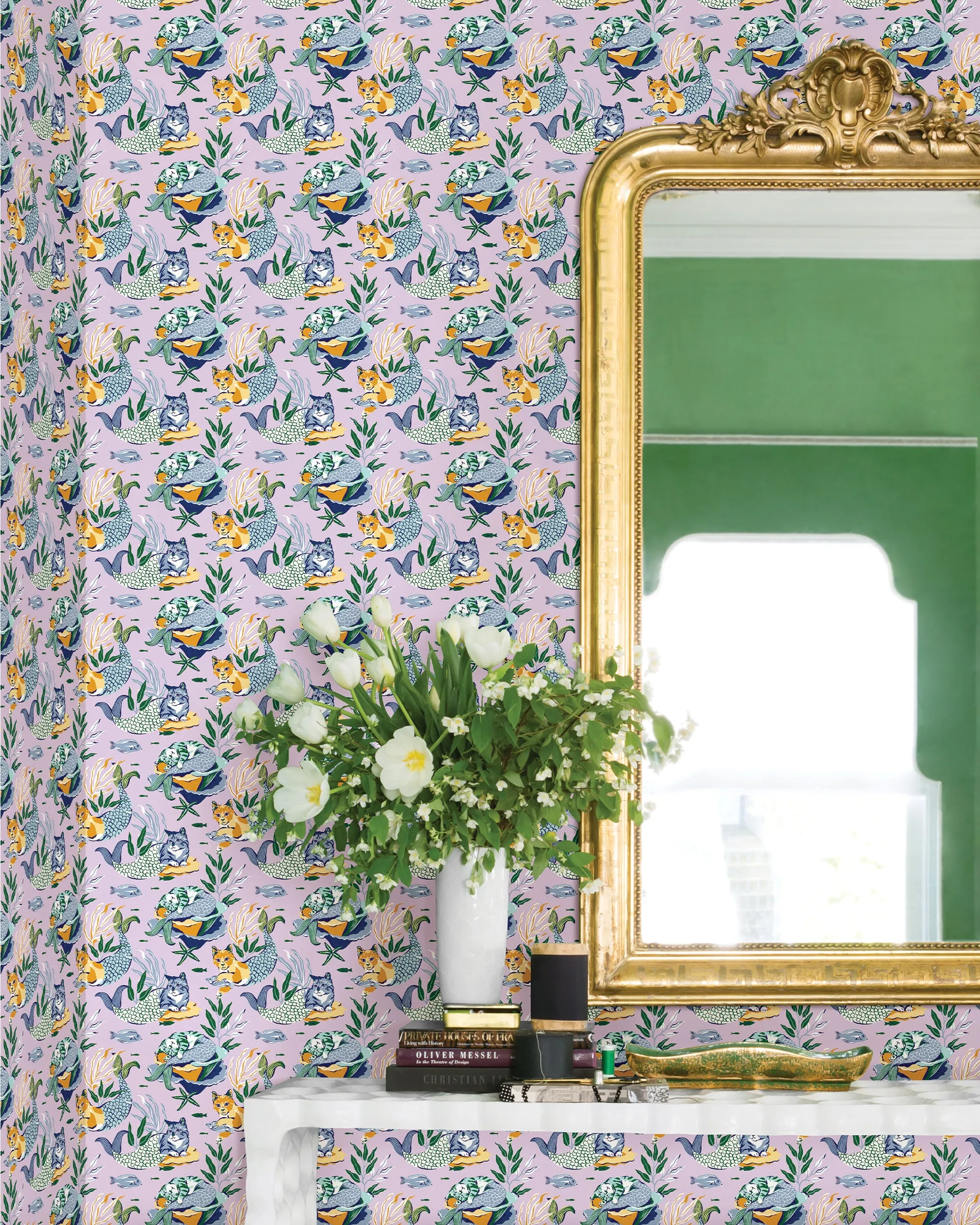 Meowing Mermaids - Peel & Stick Wallpaper - Lavender