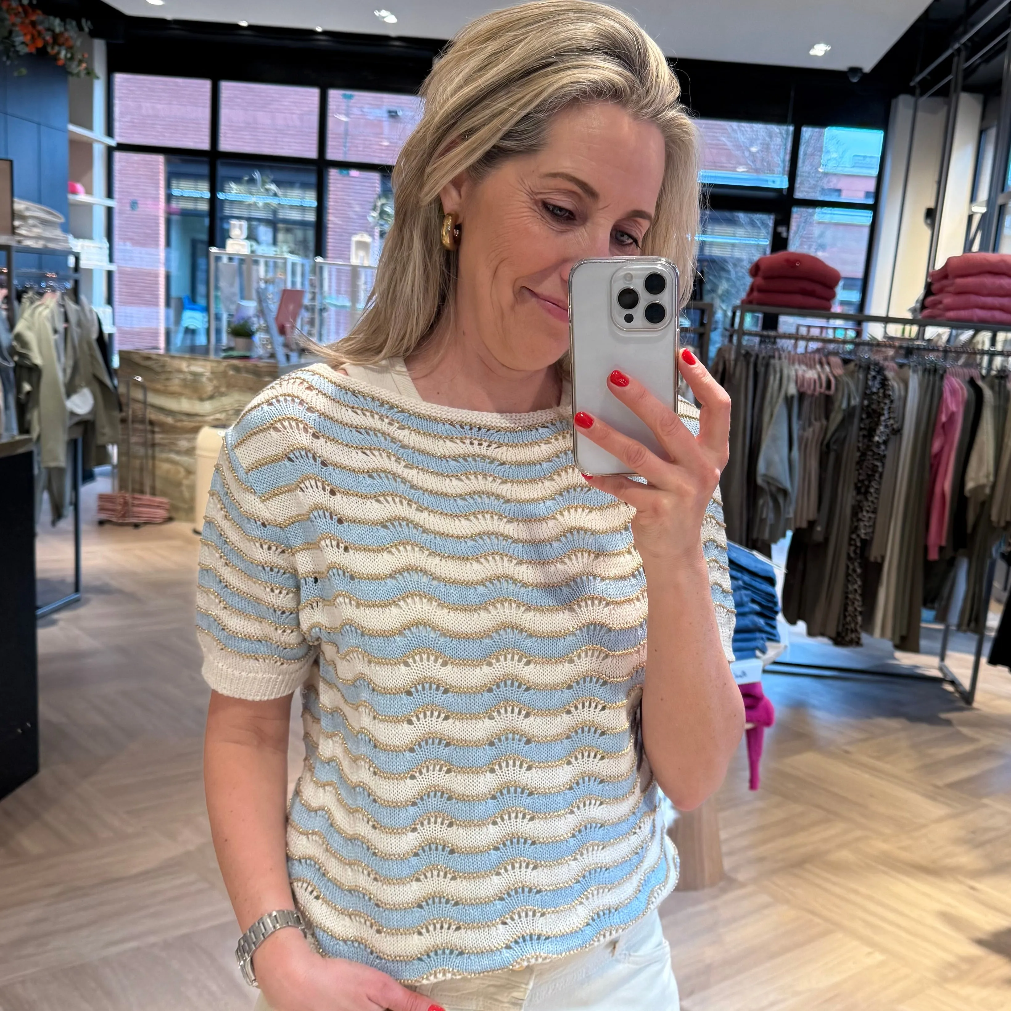 Triple Nine - Crochet Streep Trui Lichtblauw