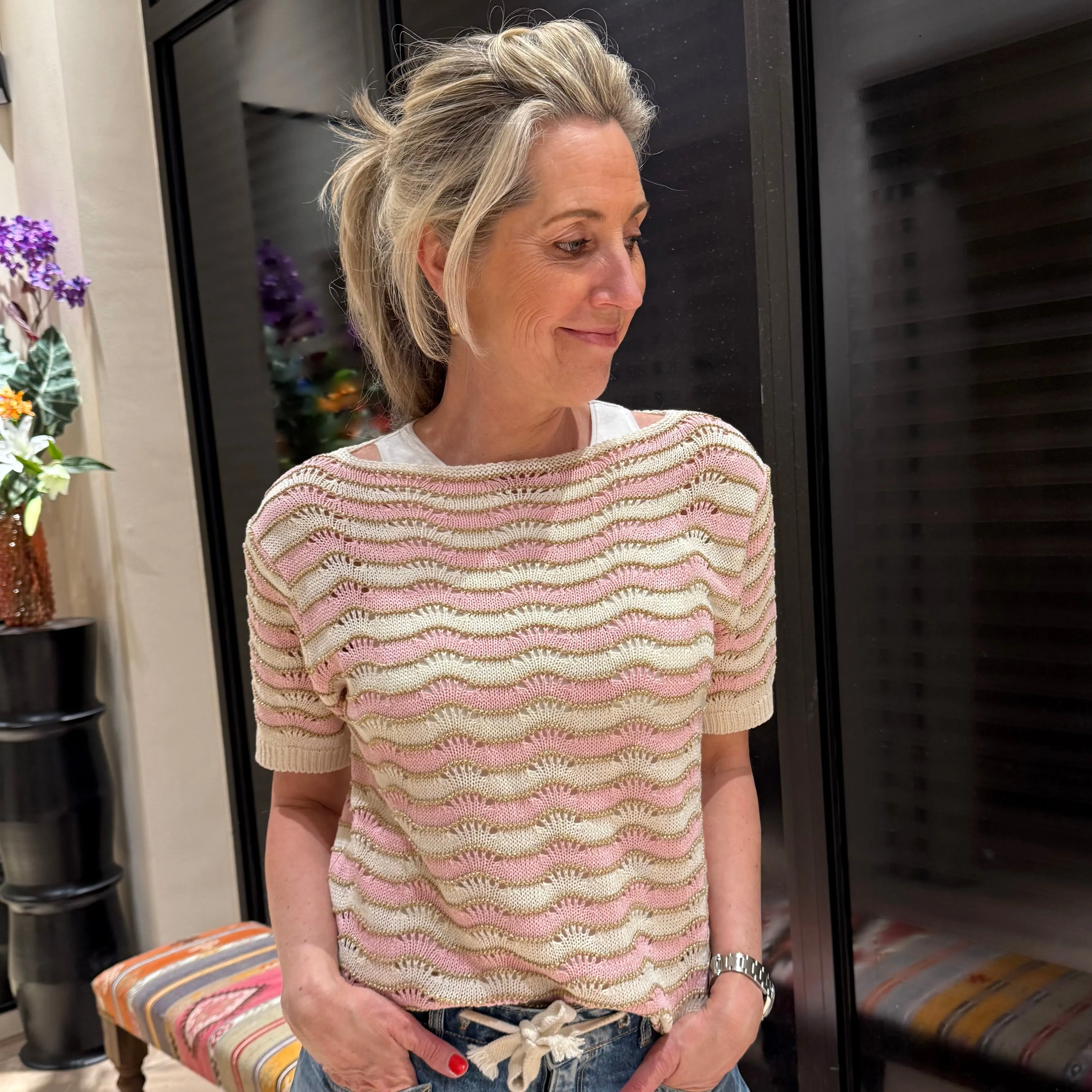 Triple Nine - Crochet Streep Trui Roze