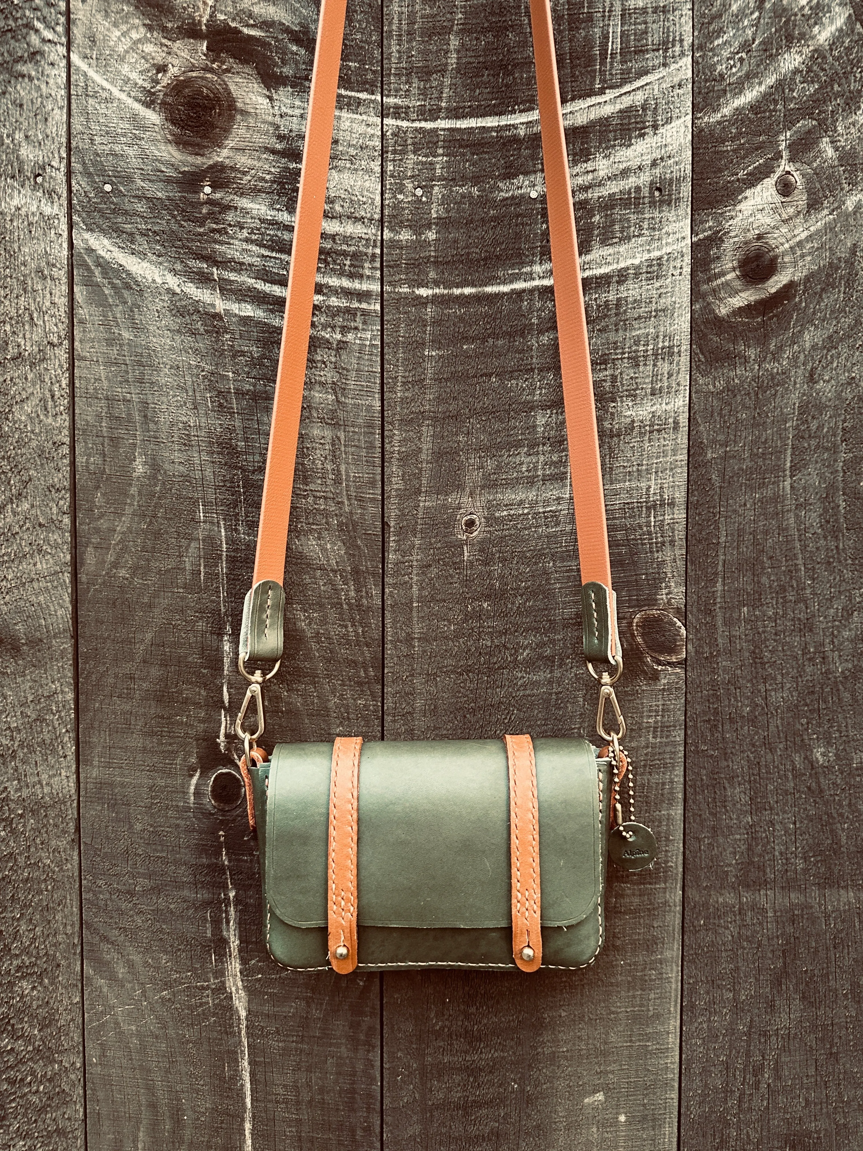 Two Tone Olive and Tan Mini Messenger Bag, Italian Tan Bag, Tan Leather Messenger Bag, Handstitched Leather Bag, Heavy Leather Bag