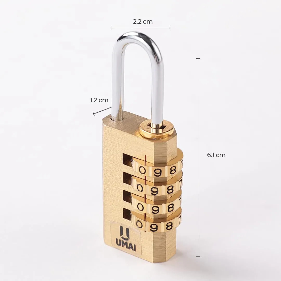 UMAI 4-Digit Code Combination Brass Lock | Number Lock | Portable Luggage Lock | Travel Lock for Briefcase, Laptop Bags Gold