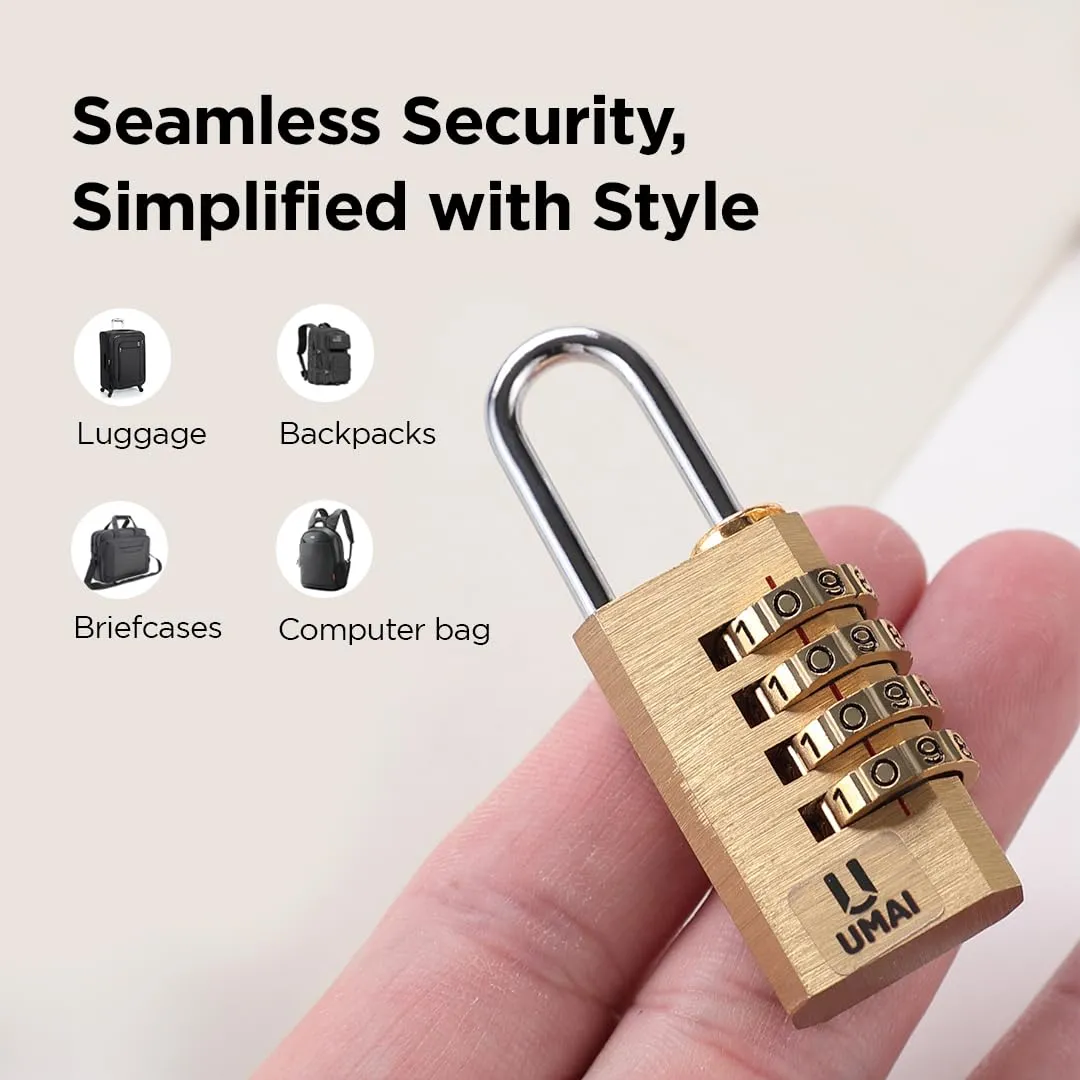 UMAI 4-Digit Code Combination Brass Lock | Number Lock | Portable Luggage Lock | Travel Lock for Briefcase, Laptop Bags Gold
