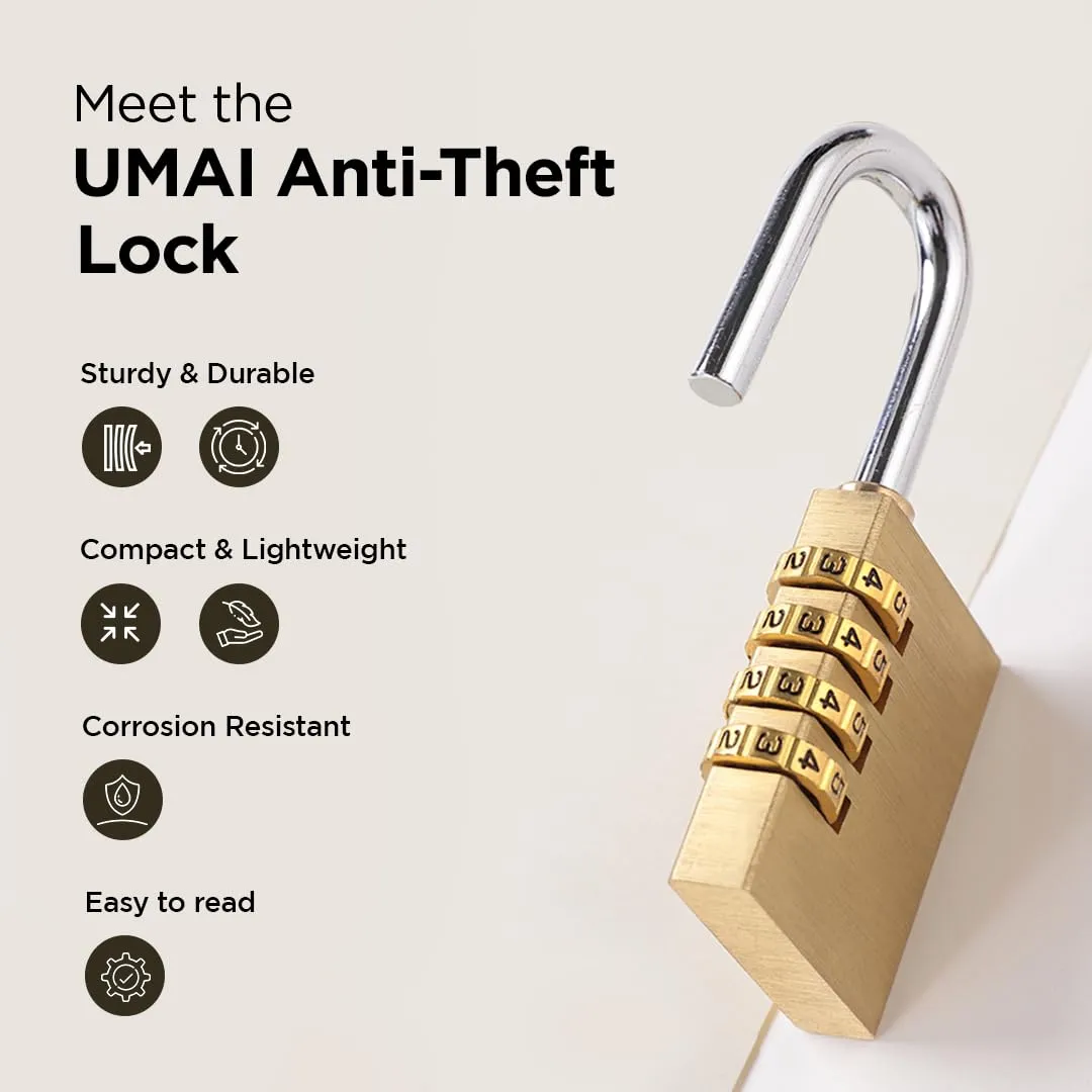 UMAI 4-Digit Code Combination Brass Lock | Number Lock | Portable Luggage Lock | Travel Lock for Briefcase, Laptop Bags Gold