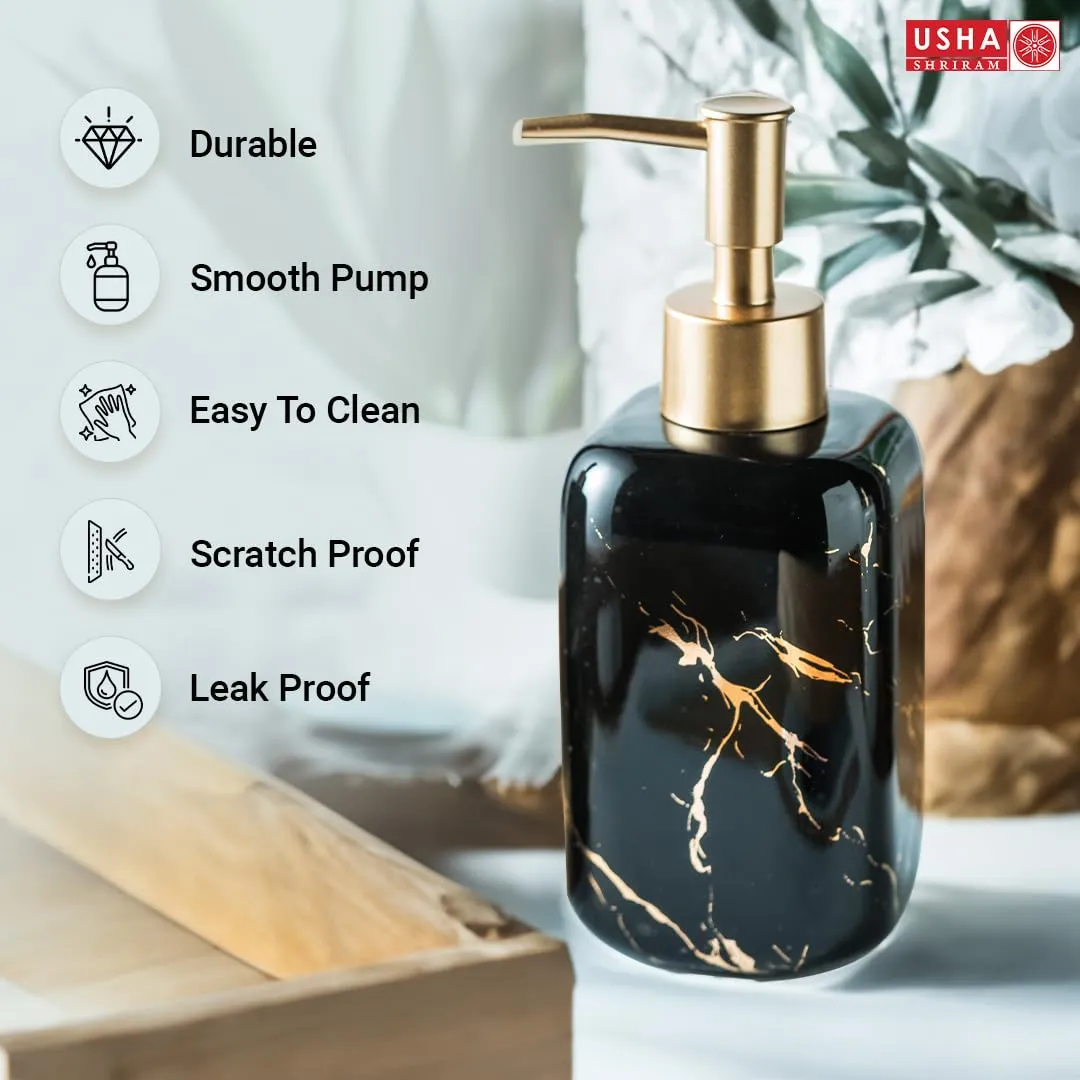 USHA SHRIRAM 300ml Soap Dispenser Bottle | Ceramic Soap & Lotion Dispenser Set | Kitchen Dish Soap Pump Dispenser Set | Hand Shower Washing Soap Dispenser (Design 2 - Black, Pack of 4)