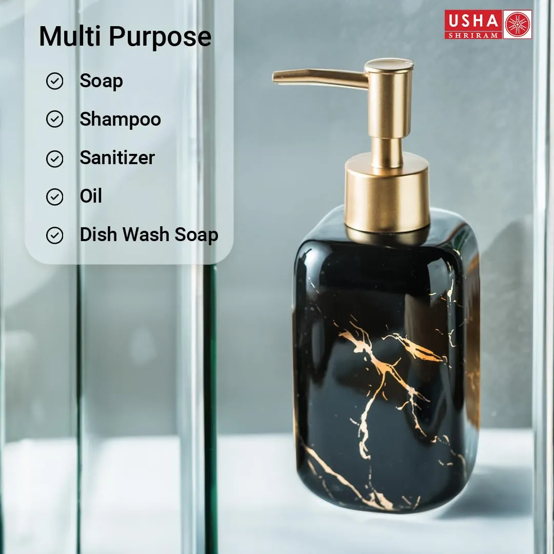 USHA SHRIRAM 300ml Soap Dispenser Bottle | Ceramic Soap & Lotion Dispenser Set | Kitchen Dish Soap Pump Dispenser Set | Hand Shower Washing Soap Dispenser (Design 2 - Black, Pack of 4)