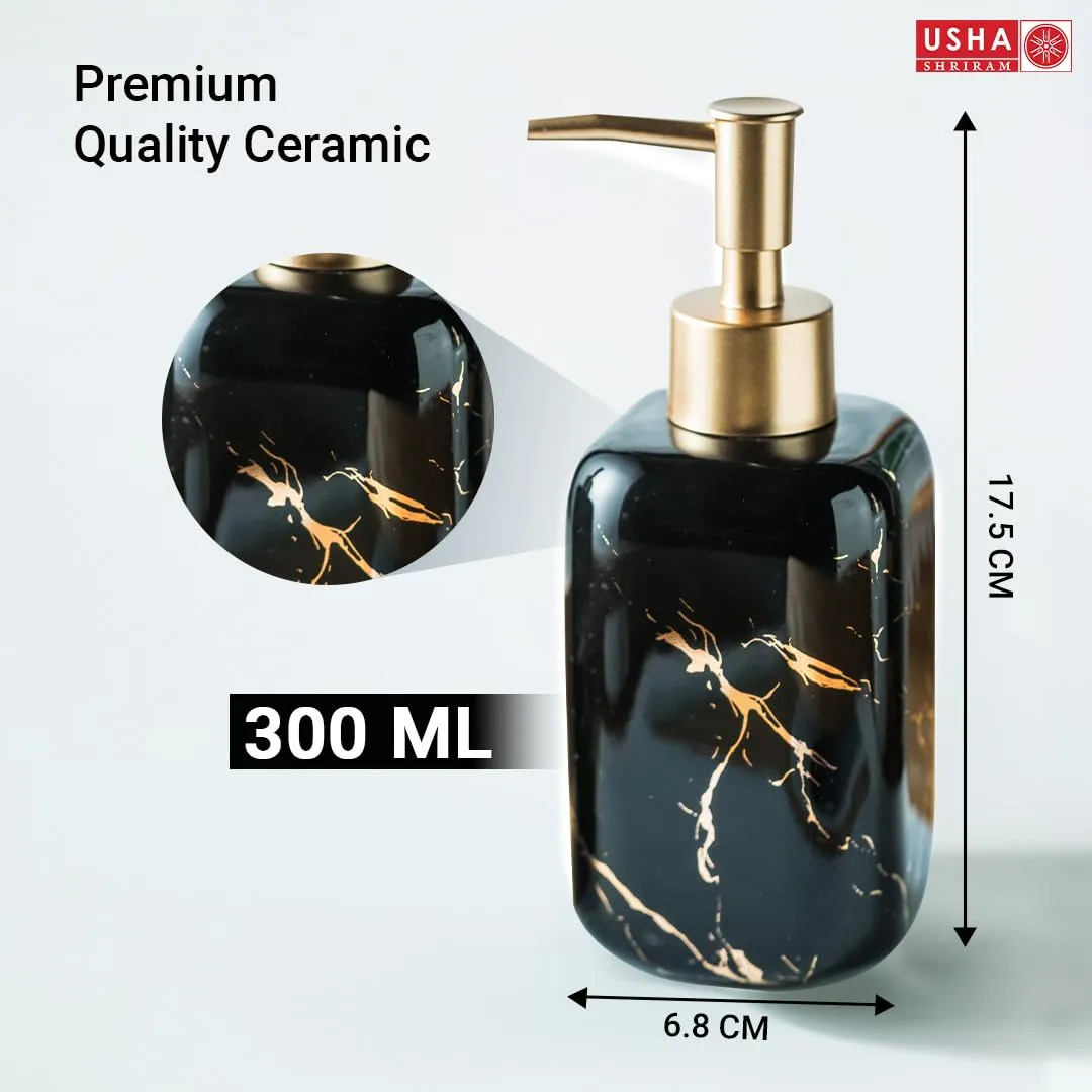 USHA SHRIRAM 300ml Soap Dispenser Bottle | Ceramic Soap & Lotion Dispenser Set | Kitchen Dish Soap Pump Dispenser Set | Hand Shower Washing Soap Dispenser (Design 2 - Black, Pack of 4)