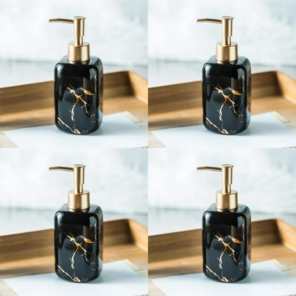 USHA SHRIRAM 300ml Soap Dispenser Bottle | Ceramic Soap & Lotion Dispenser Set | Kitchen Dish Soap Pump Dispenser Set | Hand Shower Washing Soap Dispenser (Design 2 - Black, Pack of 4)