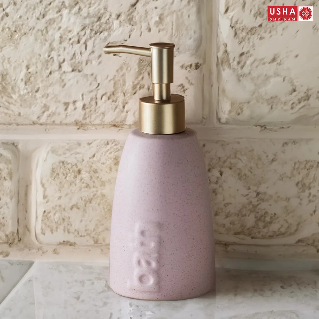 USHA SHRIRAM 320ml Soap Dispenser Bottle | Ceramic Soap & Lotion Dispenser Set | Kitchen Dish Soap Pump Dispenser Set | Hand Shower Washing Soap Dispenser (Design 1 - Pink, Pack of 1)