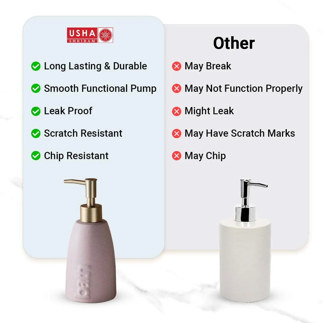 USHA SHRIRAM 320ml Soap Dispenser Bottle | Ceramic Soap & Lotion Dispenser Set | Kitchen Dish Soap Pump Dispenser Set | Hand Shower Washing Soap Dispenser (Design 1 - Pink, Pack of 1)