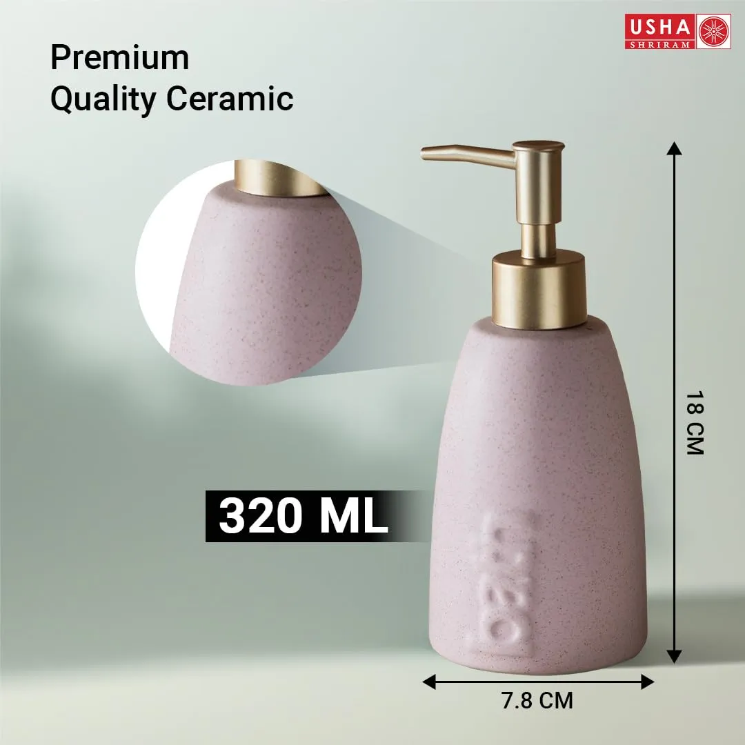 USHA SHRIRAM 320ml Soap Dispenser Bottle | Ceramic Soap & Lotion Dispenser Set | Kitchen Dish Soap Pump Dispenser Set | Hand Shower Washing Soap Dispenser (Design 1 - Pink, Pack of 1)