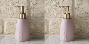 USHA SHRIRAM 320ml Soap Dispenser Bottle | Ceramic Soap & Lotion Dispenser Set | Kitchen Dish Soap Pump Dispenser Set | Hand Shower Washing Soap Dispenser (Design 1 - Pink, Pack of 2)