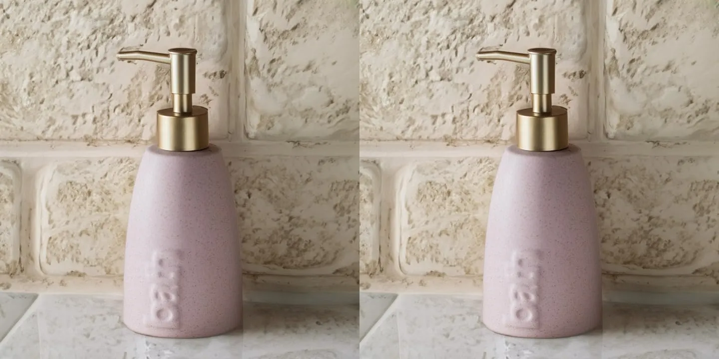 USHA SHRIRAM 320ml Soap Dispenser Bottle | Ceramic Soap & Lotion Dispenser Set | Kitchen Dish Soap Pump Dispenser Set | Hand Shower Washing Soap Dispenser (Design 1 - Pink, Pack of 2)