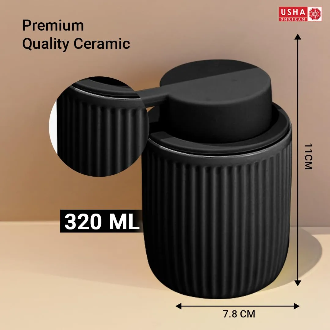 USHA SHRIRAM 320ml Soap Dispenser Bottle | Ceramic Soap & Lotion Dispenser Set | Kitchen Dish Soap Pump Dispenser Set | Hand Shower Washing Soap Dispenser (Design 2 - Black, Pack of 1)