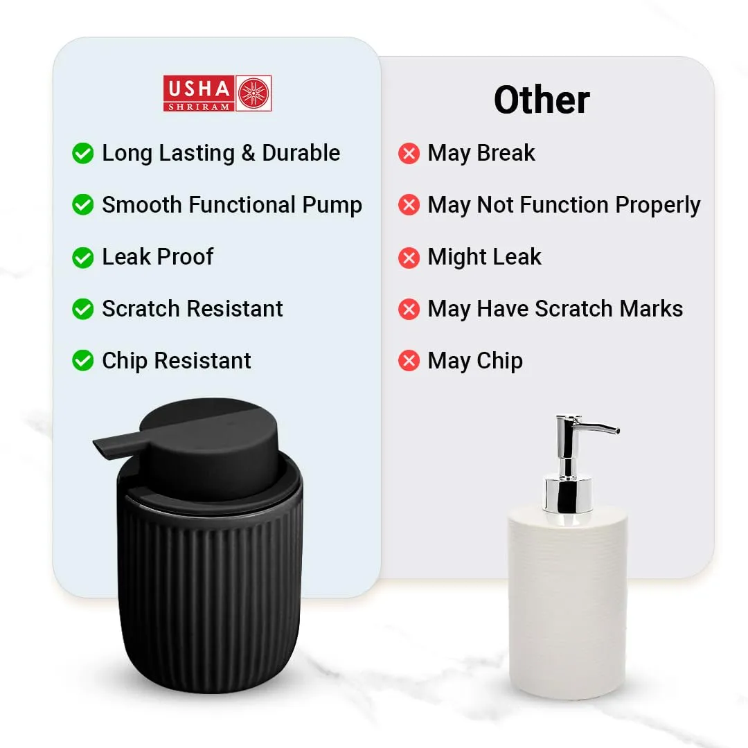 USHA SHRIRAM 320ml Soap Dispenser Bottle | Ceramic Soap & Lotion Dispenser Set | Kitchen Dish Soap Pump Dispenser Set | Hand Shower Washing Soap Dispenser (Design 2 - Black, Pack of 1)