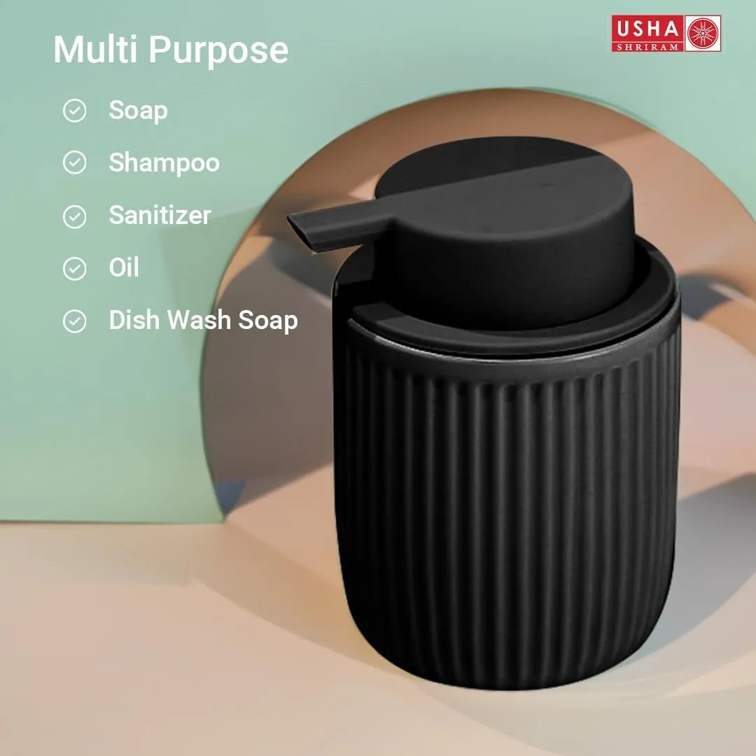 USHA SHRIRAM 320ml Soap Dispenser Bottle | Ceramic Soap & Lotion Dispenser Set | Kitchen Dish Soap Pump Dispenser Set | Hand Shower Washing Soap Dispenser (Design 2 - Black, Pack of 1)