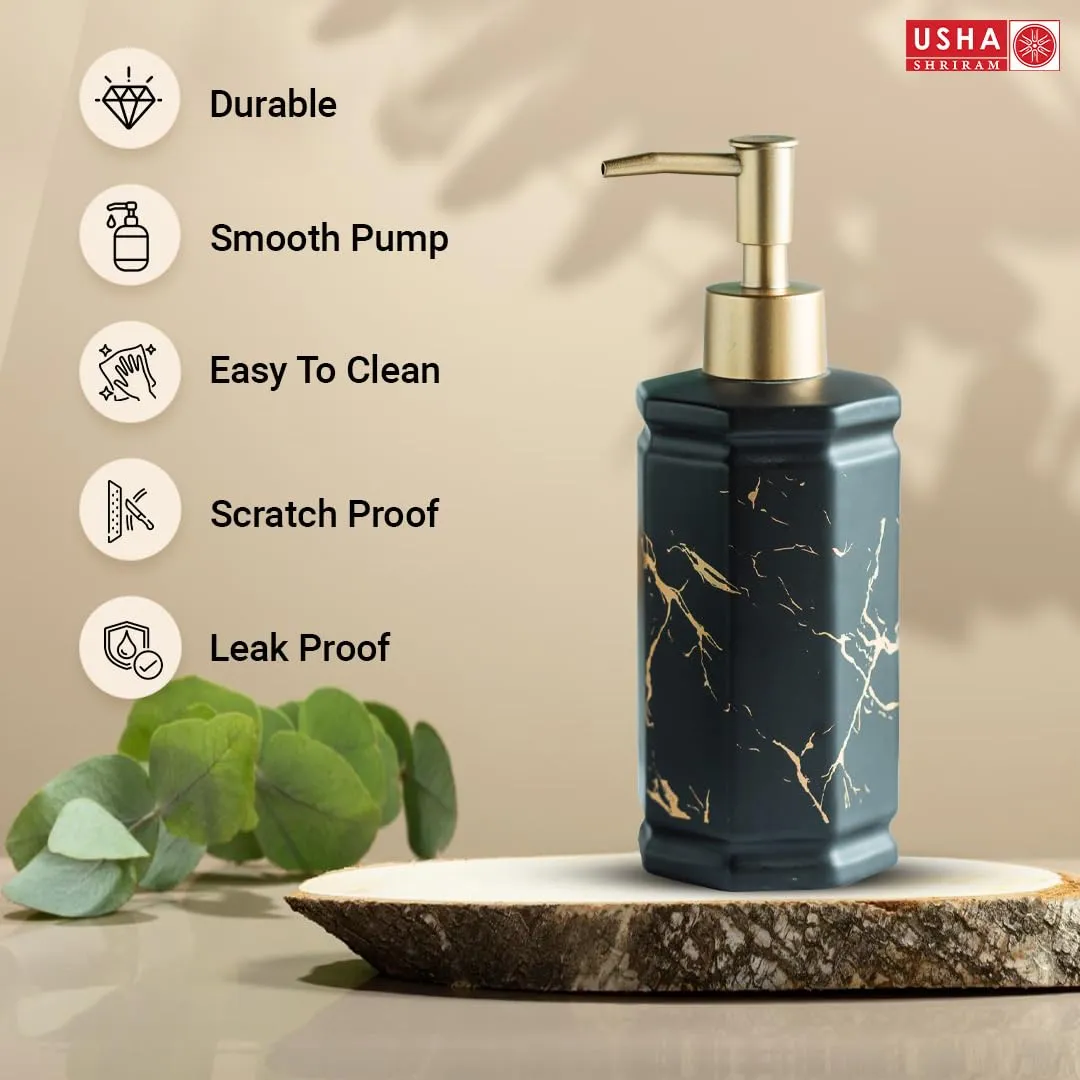 USHA SHRIRAM 350ml Soap Dispenser Bottle | Ceramic Soap & Lotion Dispenser Set | Kitchen Dish Soap Pump Dispenser Set | Hand Shower Washing Soap Dispenser (Design 2 - Black, Pack of 2)