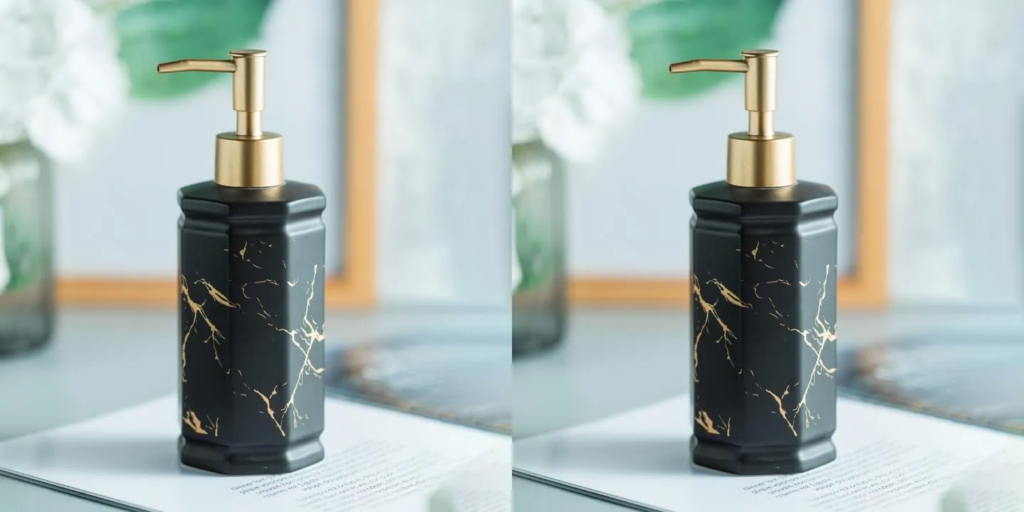 USHA SHRIRAM 350ml Soap Dispenser Bottle | Ceramic Soap & Lotion Dispenser Set | Kitchen Dish Soap Pump Dispenser Set | Hand Shower Washing Soap Dispenser (Design 2 - Black, Pack of 2)
