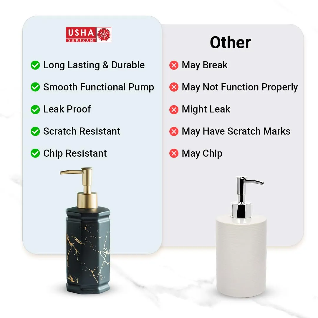 USHA SHRIRAM 350ml Soap Dispenser Bottle | Ceramic Soap & Lotion Dispenser Set | Kitchen Dish Soap Pump Dispenser Set | Hand Shower Washing Soap Dispenser (Design 2 - Black, Pack of 2)