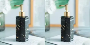 USHA SHRIRAM 350ml Soap Dispenser Bottle | Ceramic Soap & Lotion Dispenser Set | Kitchen Dish Soap Pump Dispenser Set | Hand Shower Washing Soap Dispenser (Design 2 - Black, Pack of 2)