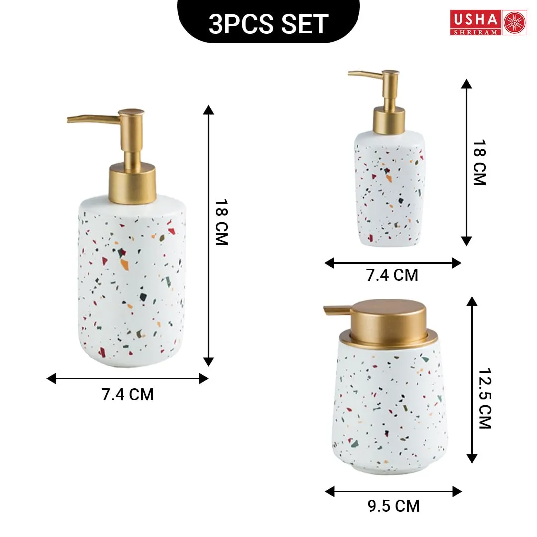 USHA SHRIRAM Soap Dispenser Set | White Ceramic Soap & Lotion Dispenser Set | Kitchen Dish Soap Pump Dispenser Set | Hand Shower Washing Soap Dispenser for Kitchen Sink & Bathroom (White - 3 Pcs Set)