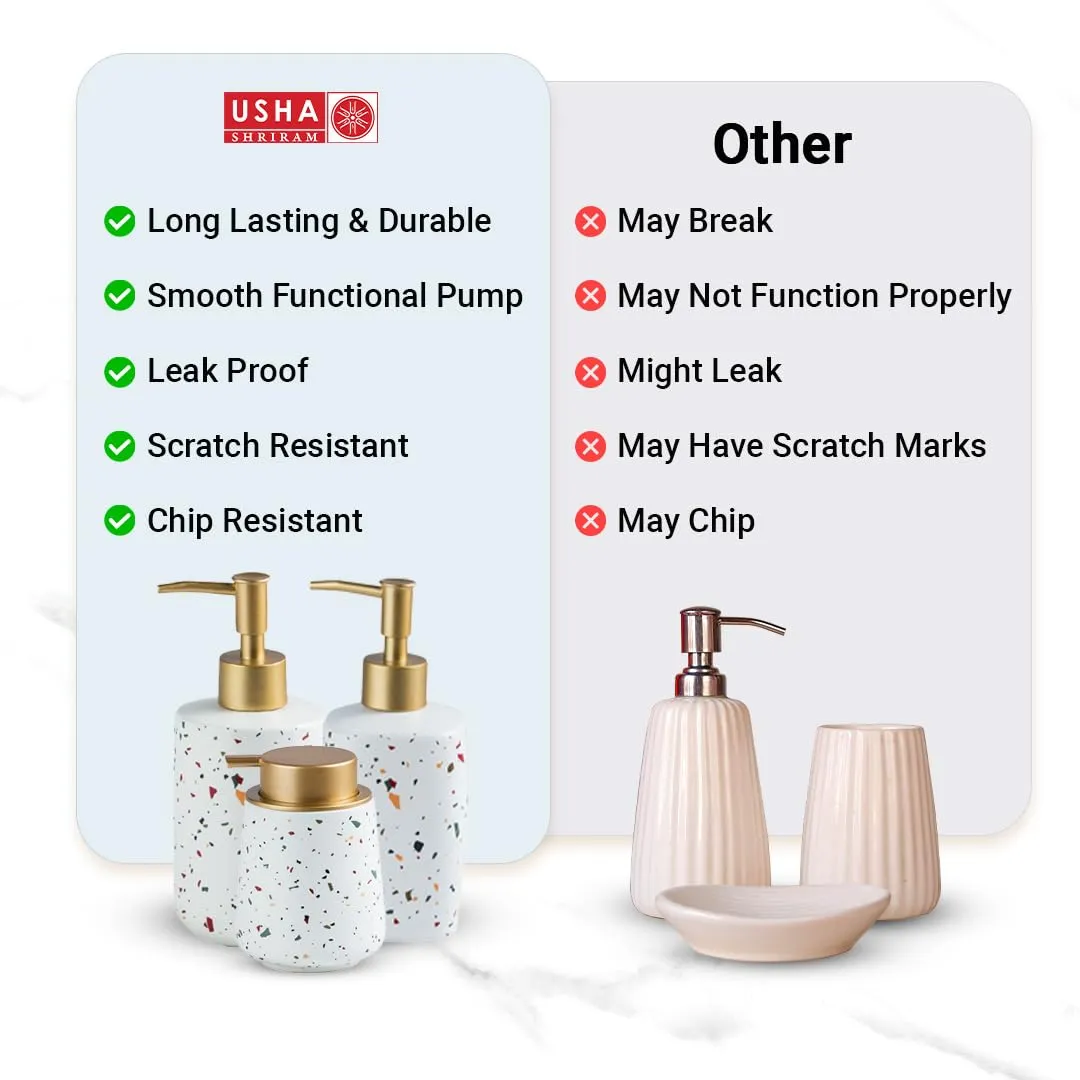 USHA SHRIRAM Soap Dispenser Set | White Ceramic Soap & Lotion Dispenser Set | Kitchen Dish Soap Pump Dispenser Set | Hand Shower Washing Soap Dispenser for Kitchen Sink & Bathroom (White - 3 Pcs Set)